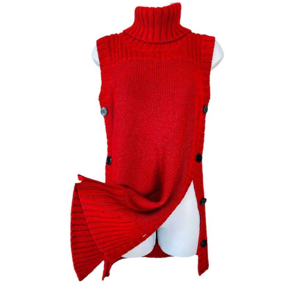 Red Wide Turtleneck Button Down Sides Sleeveless Sweater by Kenneth Cole Size S